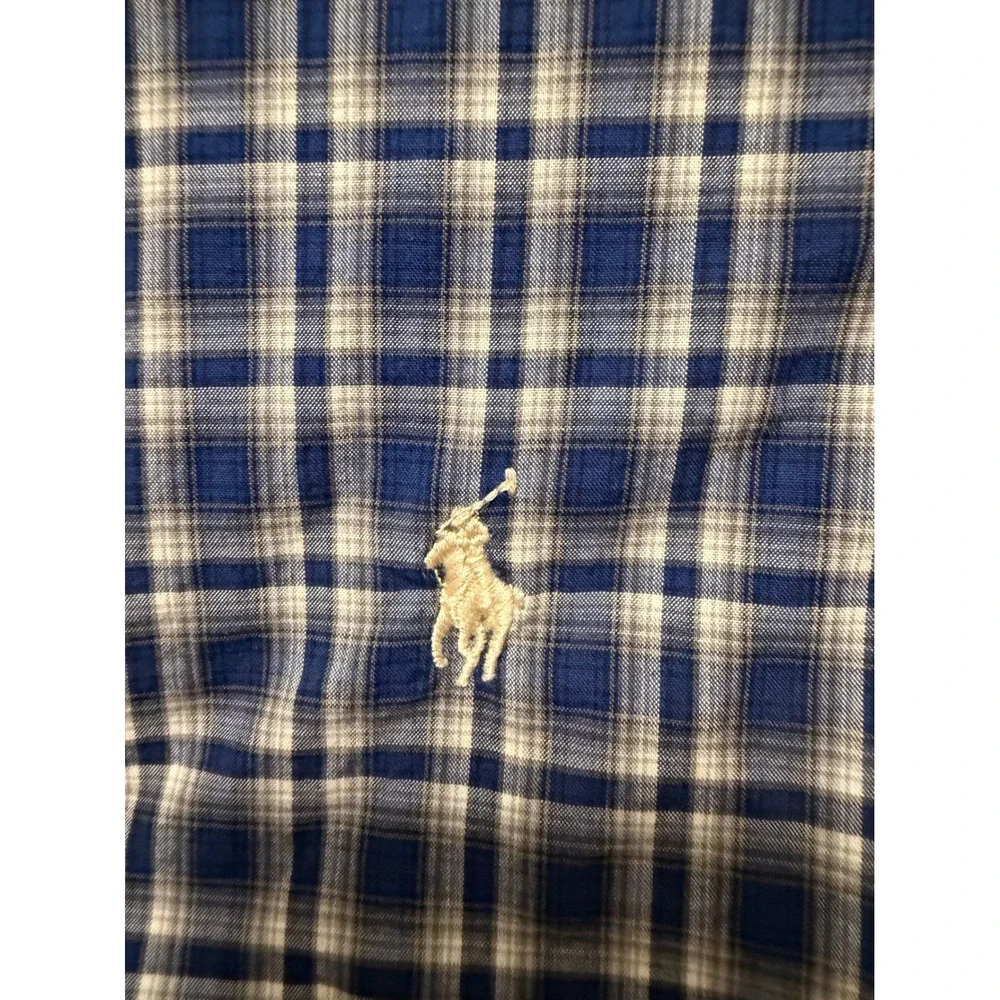 Ralph Lauren Boys Blue White Plaid Button Down Shirt Size L 14-16 Cotton Pony